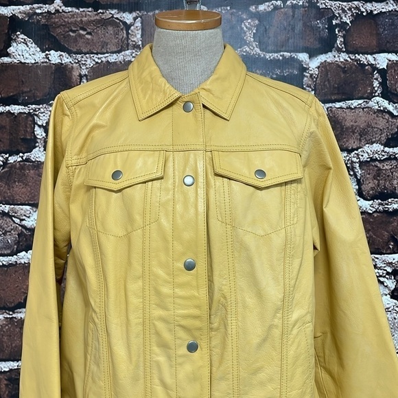 Jessica London Jacket Women's 12 Yellow NWT Leather Coat Snap Buttons Collared - Picture 7 of 17